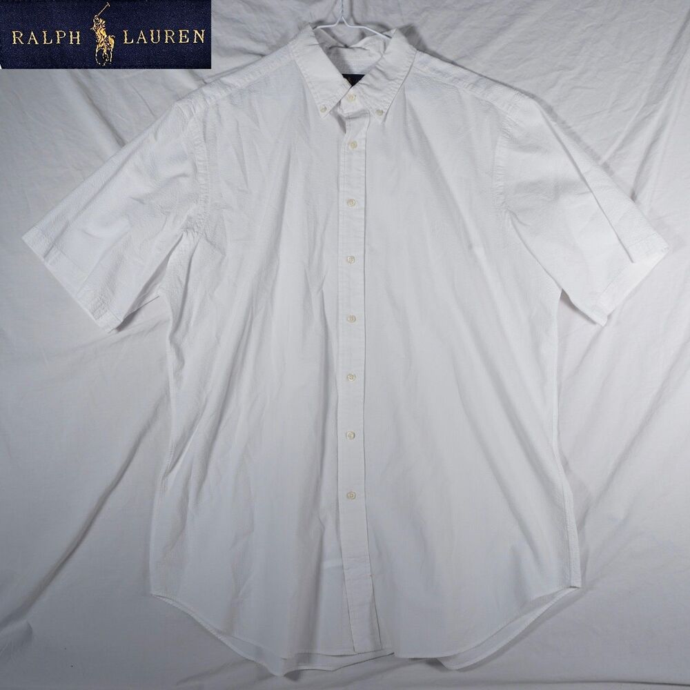 Ralph Lauren Seersucker Short Sleeve Button Up Shirt White Pony Logo XLT